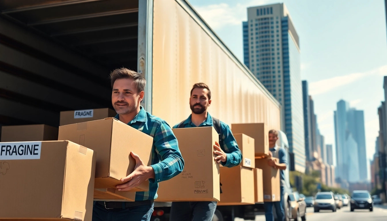 Long-Distance Movers team efficiently loading a moving truck in a busy city environment.