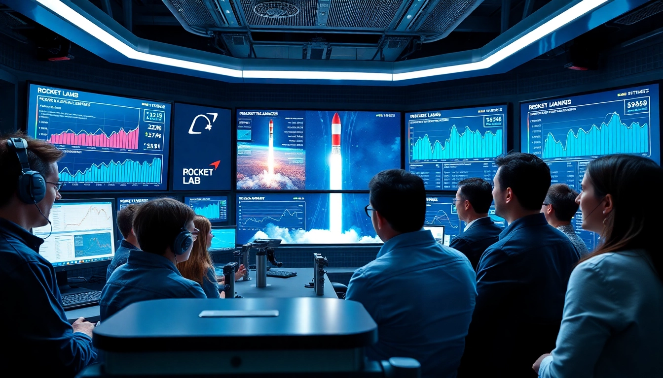 Visualize revenue analytics at revenuerocketlab with professionals in a high-tech control room.