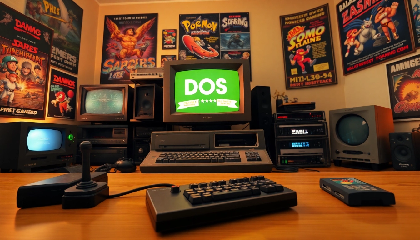 Play DOS games in a nostalgic retro gaming setup with a vintage computer and memorabilia.