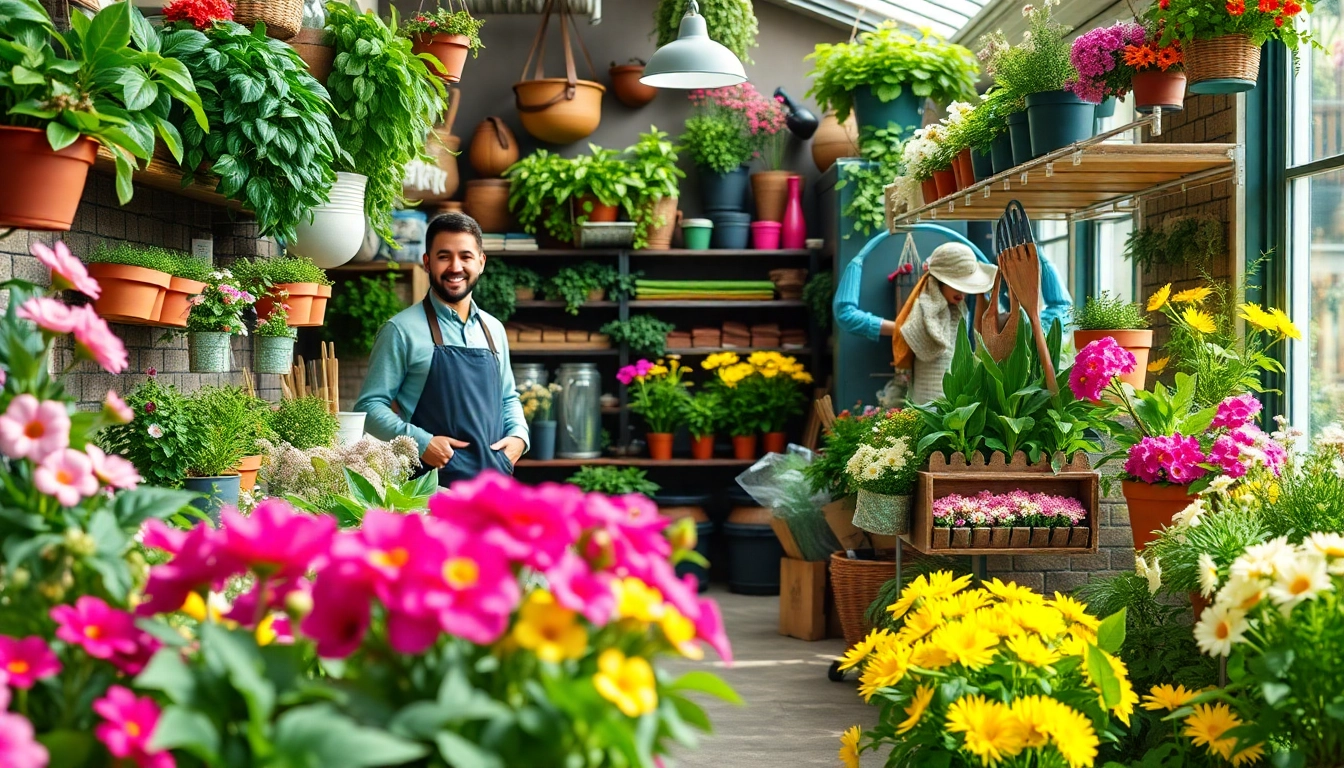 Grow A Garden Shop showcasing a vibrant retailer interacting with enthusiastic customers in a colorful setting.