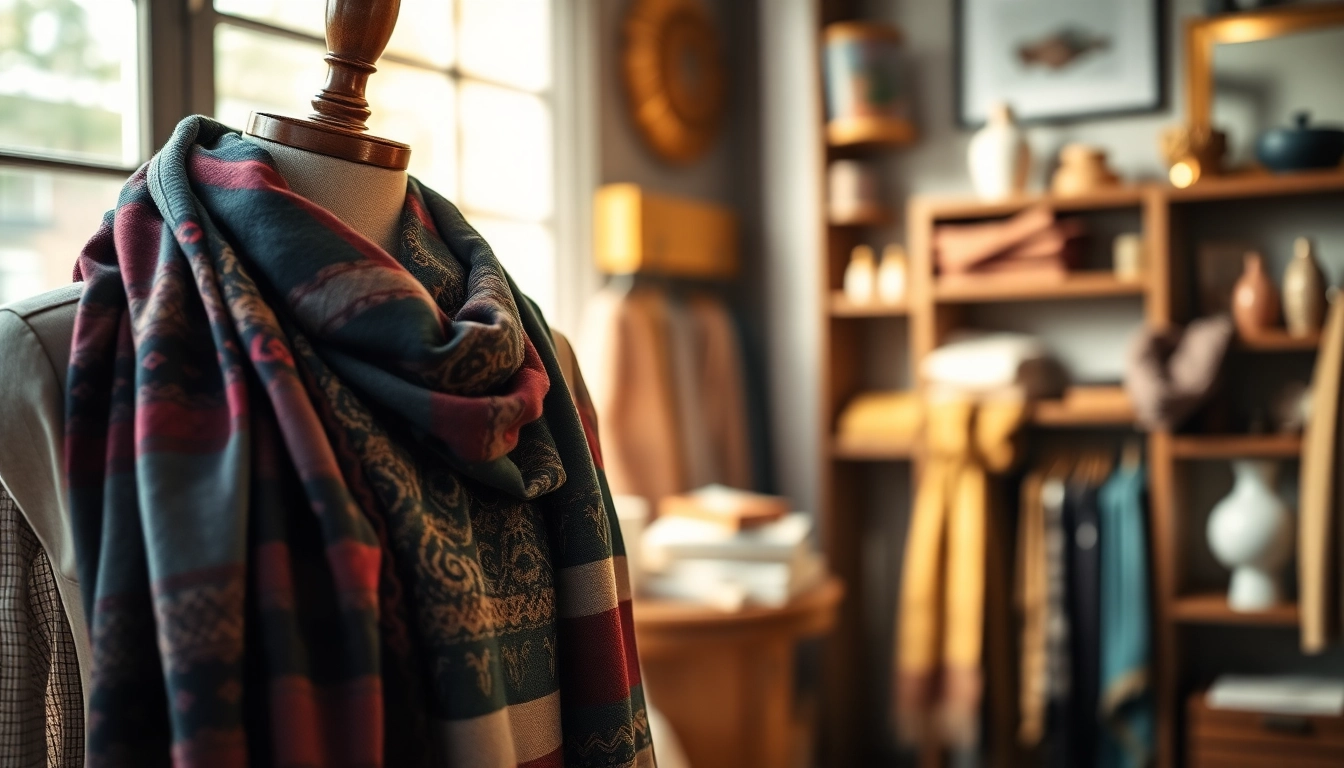 Showcase of vibrant scarves draped elegantly, highlighting their unique designs and textures.