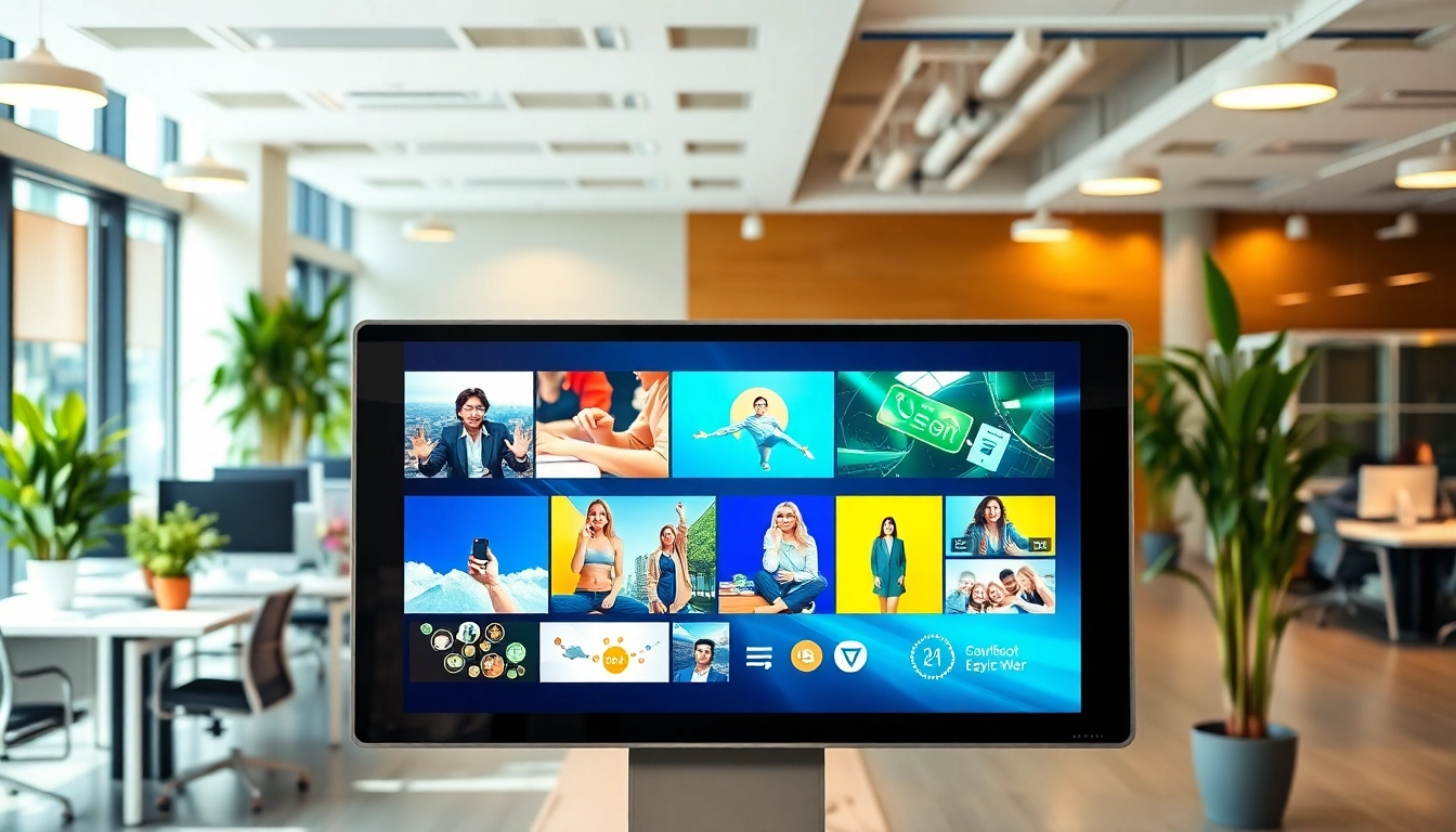 Engaging digital signage display showcasing vibrant multimedia content in a modern office environment.