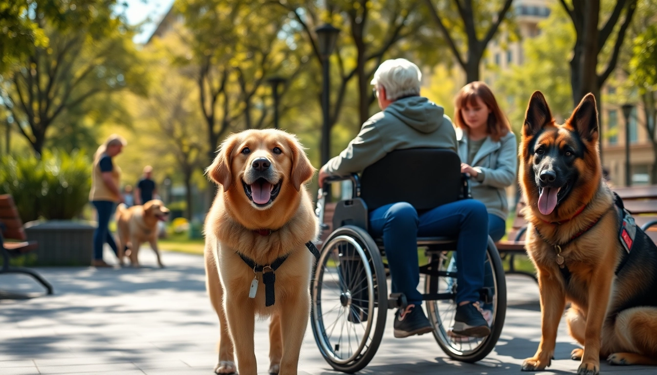 Service dogs assisting people with disabilities in a vibrant park setting.