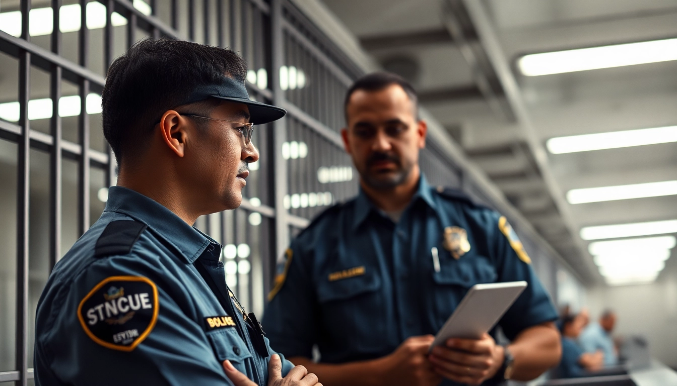 Conducting an orange county inmate search through a law enforcement officer in a modern booking area.