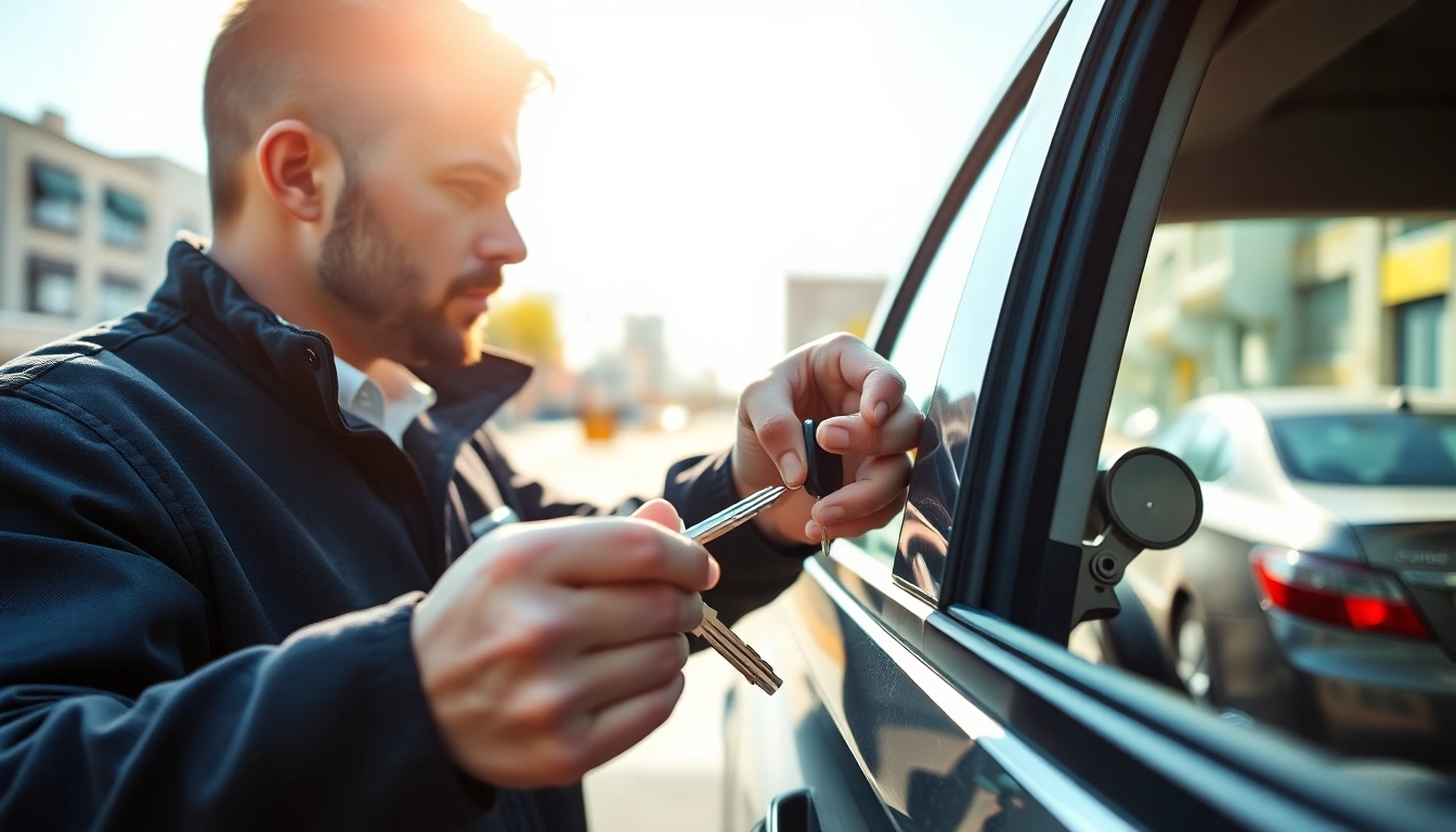 Locksmith assisting with lost car keys replacement service in urban setting.