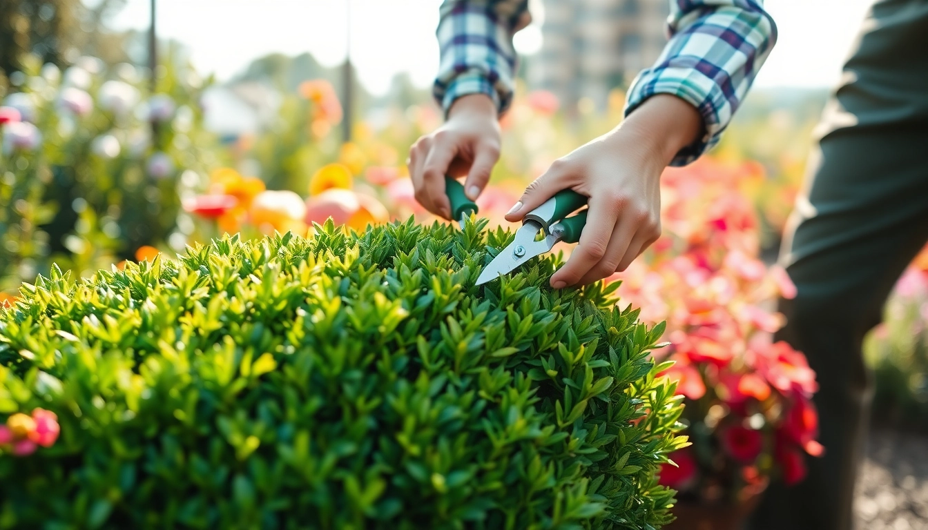 Snoeien van een struik door een professionele tuinier in een groene tuin.