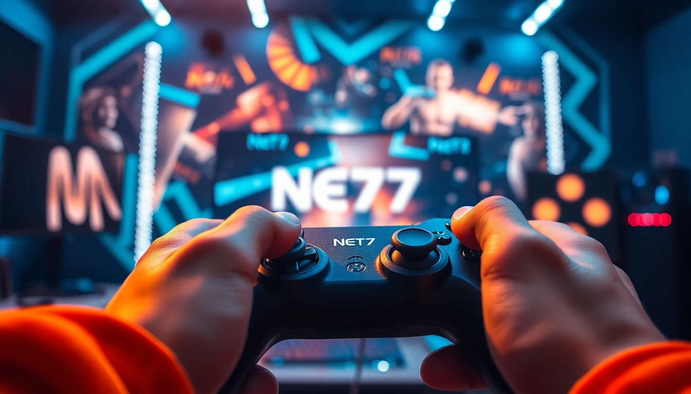 Menggambarkan pemain dalam aksi saat memainkan net77 game yang menegangkan dengan latar belakang gaming interaktif.
