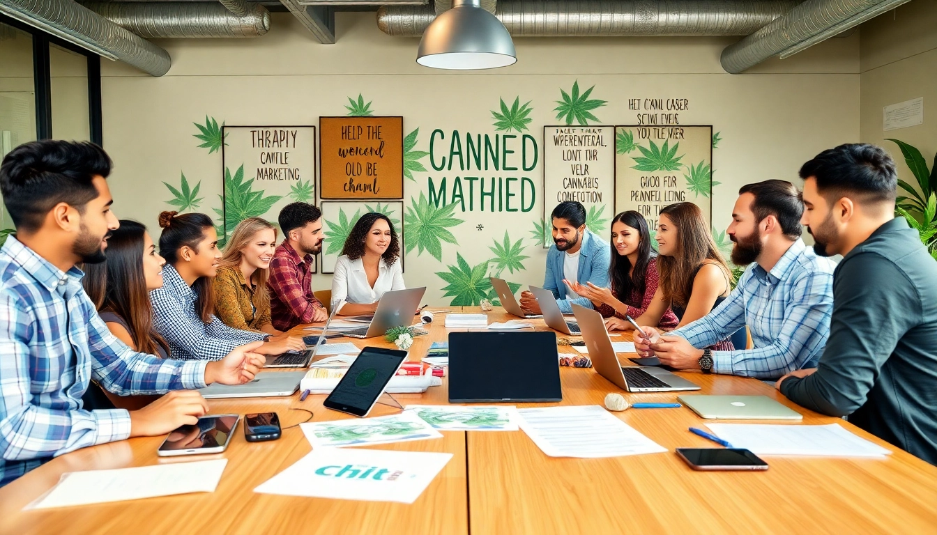 Team collaboration at a cannabis marketing agency focusing on innovative strategies in a vibrant office.