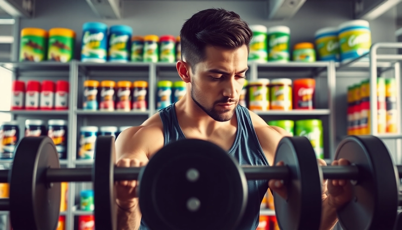 Gainer powder çeşitlerini tanıtan sporcu, modern spor salonunda ağırlık kaldırıyor.