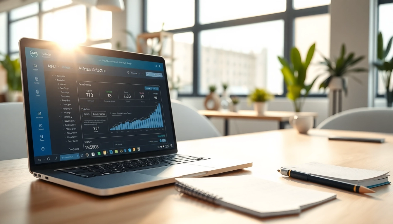 Analyze using the ai detector tool with detailed results displayed on a laptop screen.