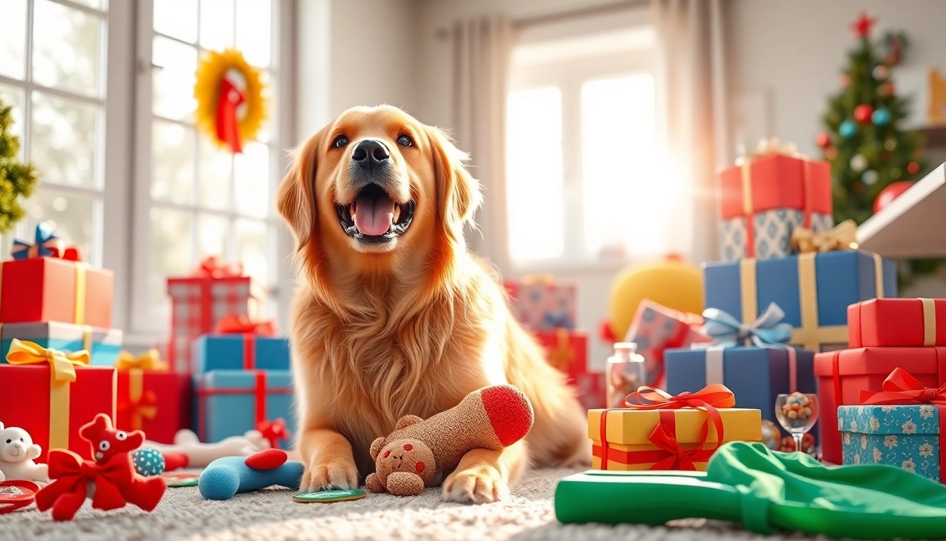 Discover unique gift ideas for dog owers with a joyful golden retriever playing with colorful gifts.