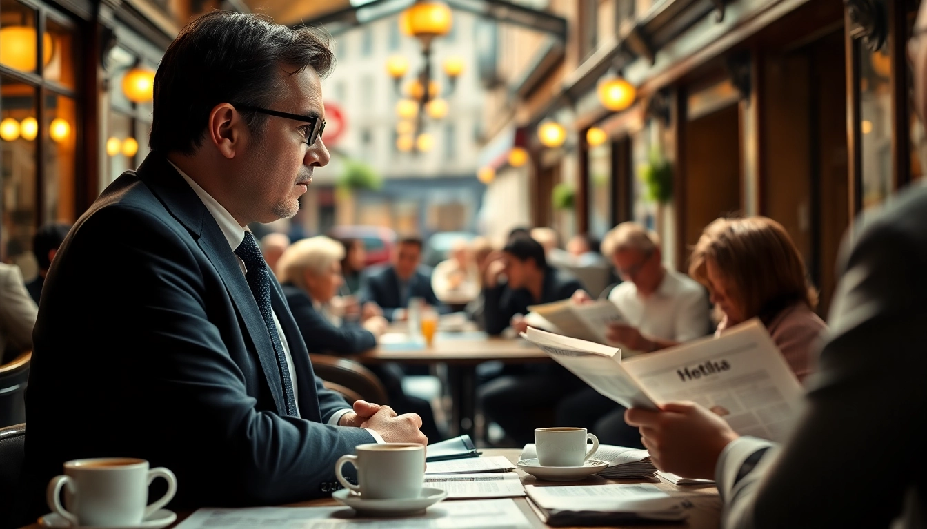 Reporter covering french news in a bustling Paris café, showcasing lively interactions.