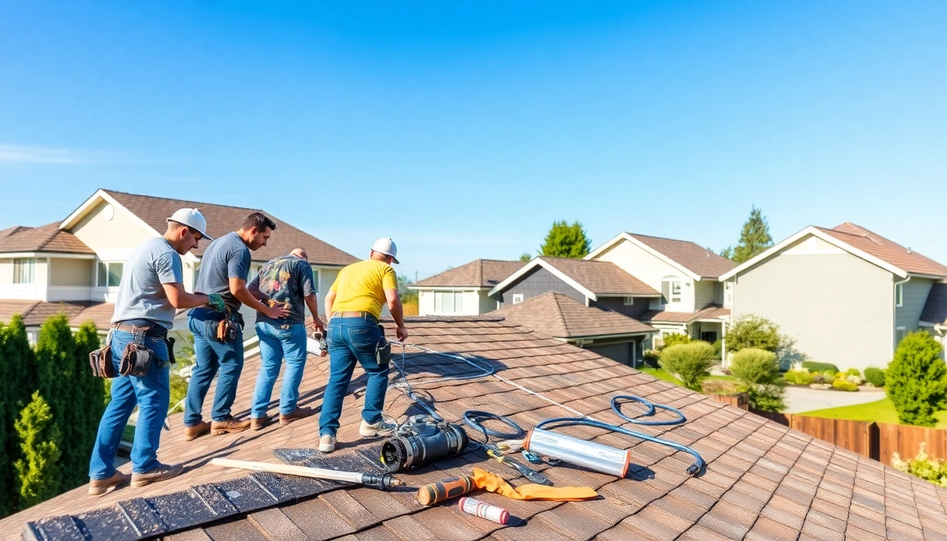 Roof Repair Vancouver Wa professionals repairing a residential roof in a vibrant neighborhood.