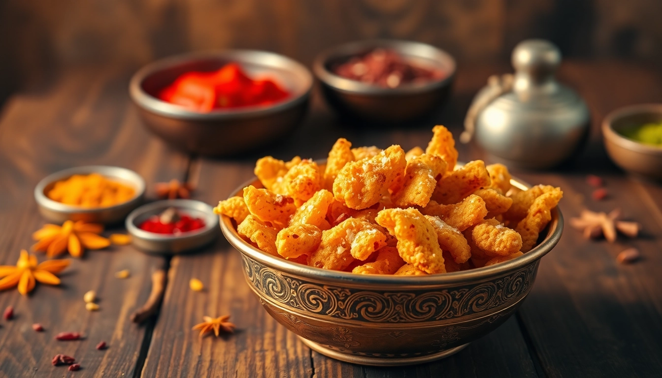 Explore Bhujia in a brass bowl, showcasing its crispy texture and vibrant colors in an inviting setting.