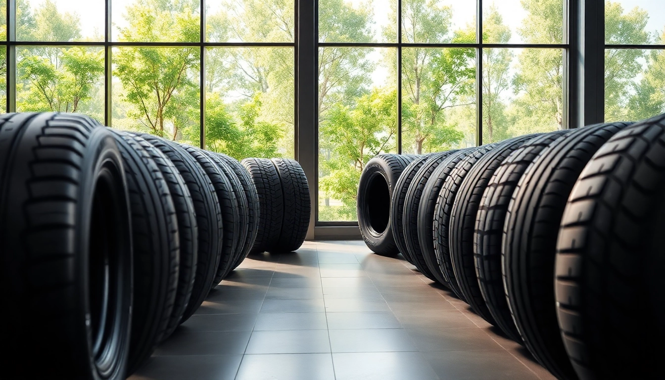 Showcasing General tires on a showroom floor with modern lighting and lush greenery.