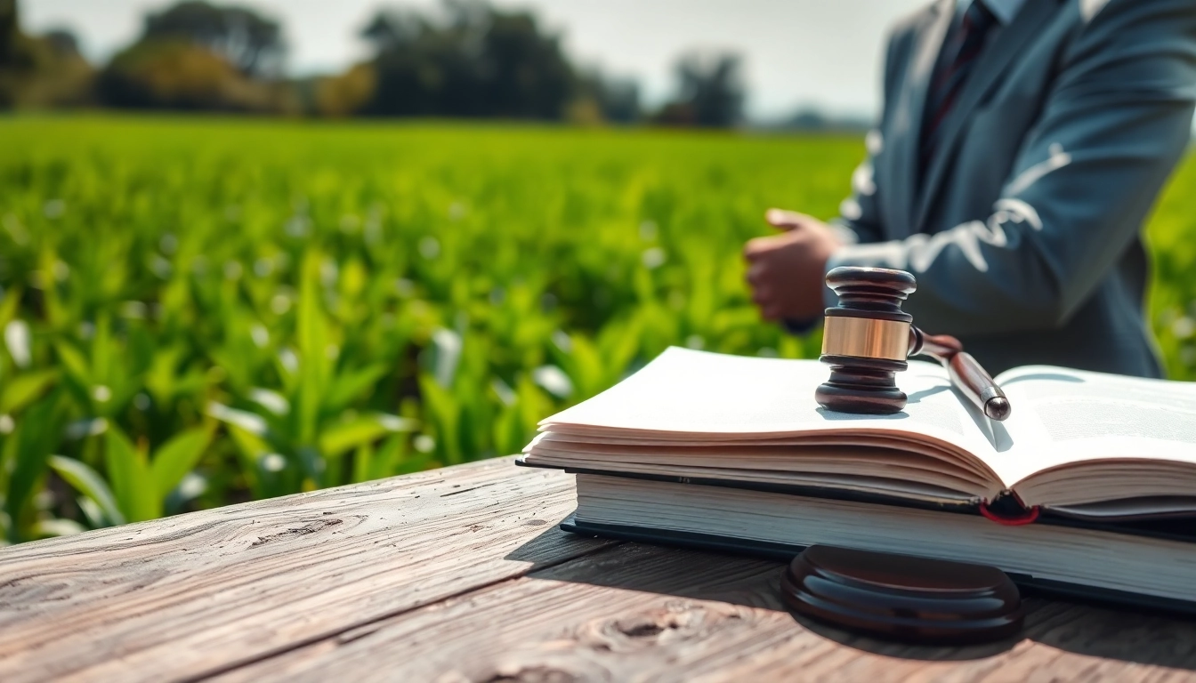 Engaging scene of agricultural law attorney analyzing documents in a vibrant field.