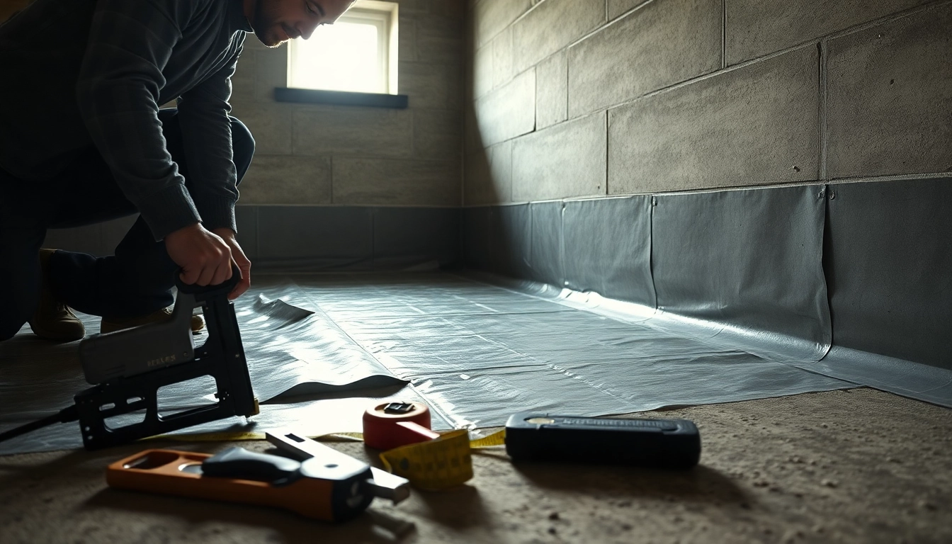 Execute vapor barrier installation with careful precision in a professional basement setting.