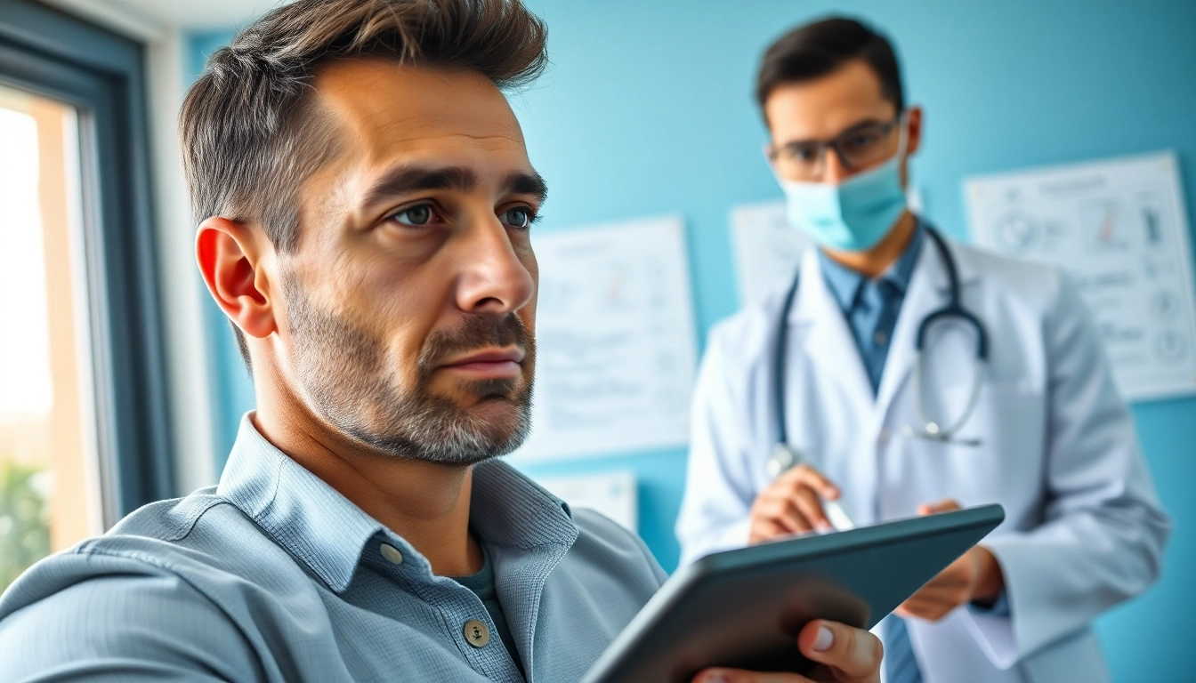 Engaged patient discussing Testosterone Replacement Therapy with a healthcare provider in a modern clinic.