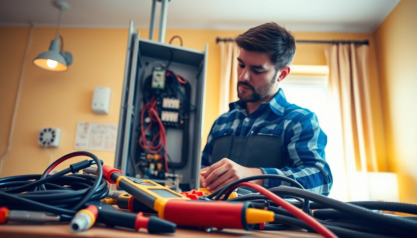 Electrician focused on a residential electrical panel with tools in a well-lit environment.