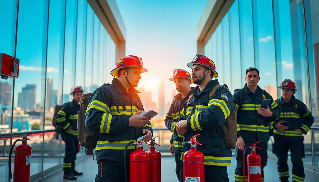 Fire protection professionals conducting safety inspections at a commercial building, ensuring compliance.