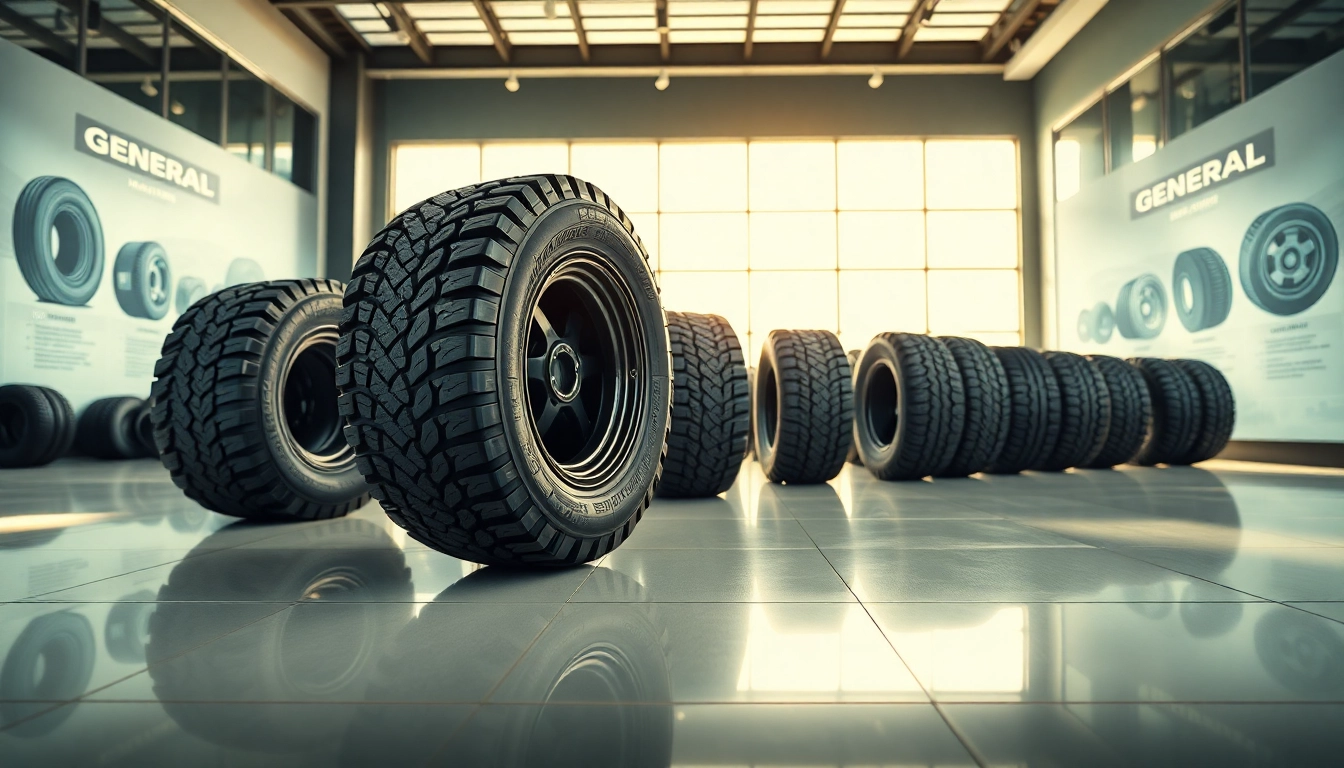 Showcase of General tires in a bright automotive showroom with off-road designs.