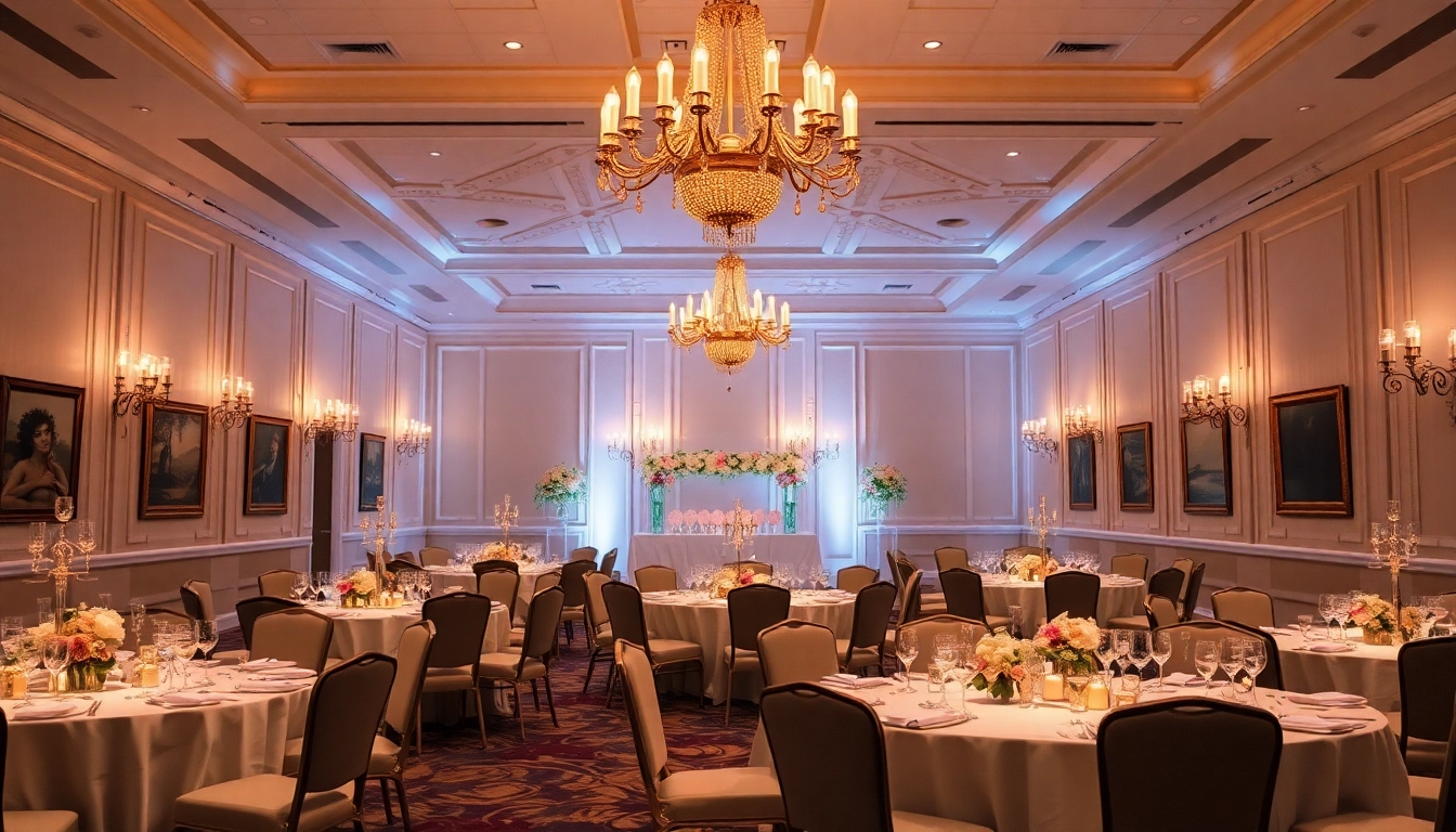Experience the elegance of le prestige hall, showcasing a stunning banquet setup for events.