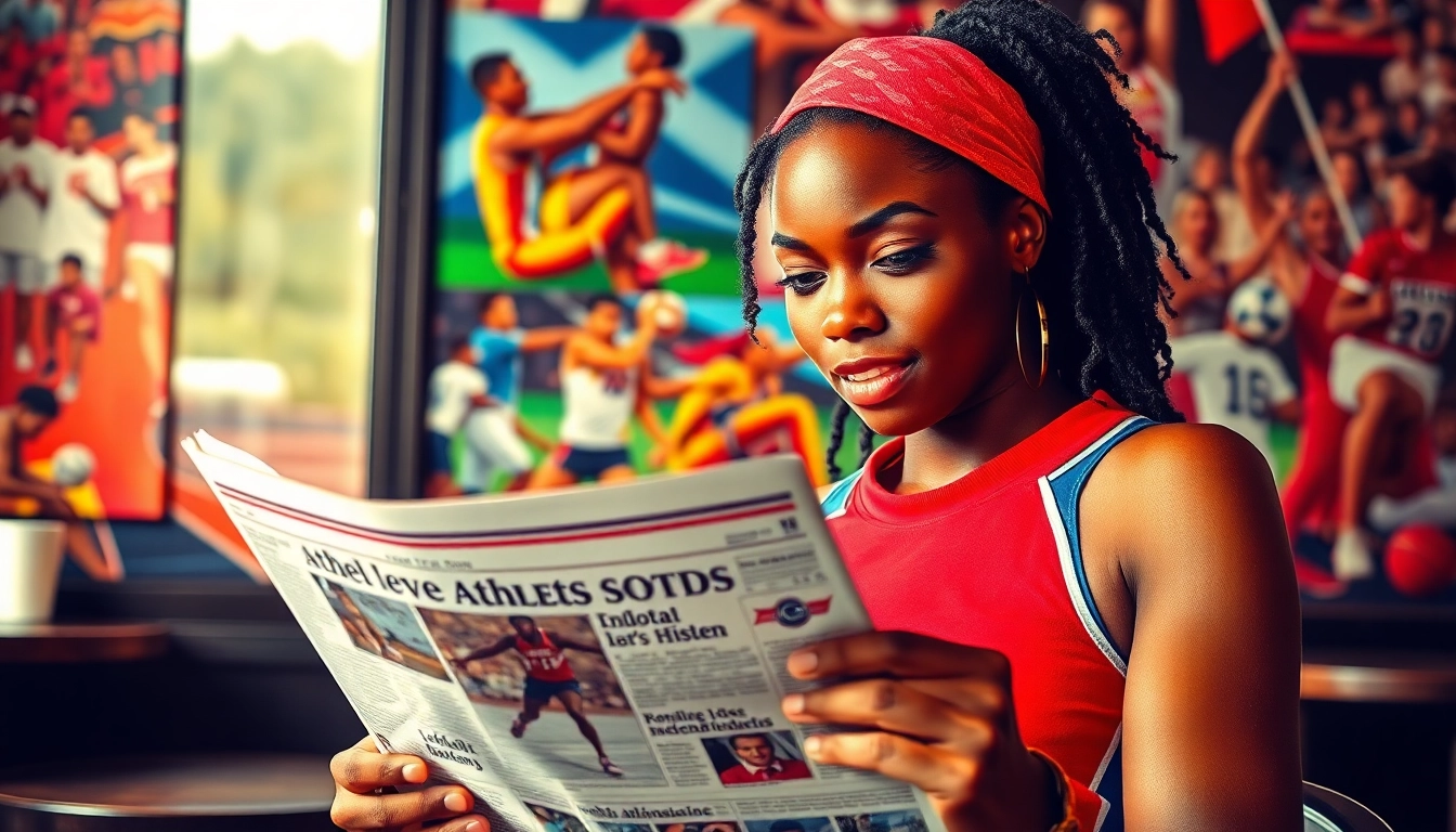 An athlete newspaper enthusiastically read by a female athlete in a lively cafe setting.