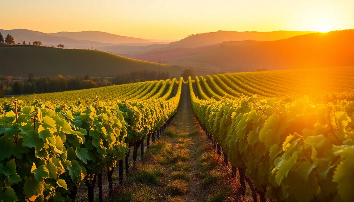 Capturing the serene vineyard landscape of Carksburg ca bathed in sunset light.