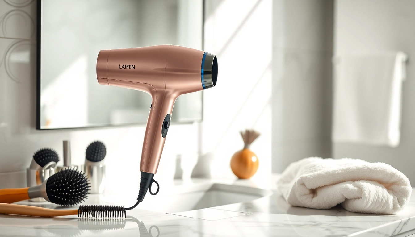 Enhance styling with the Laifen hair dryer, elegantly displayed amid modern bathroom decor.