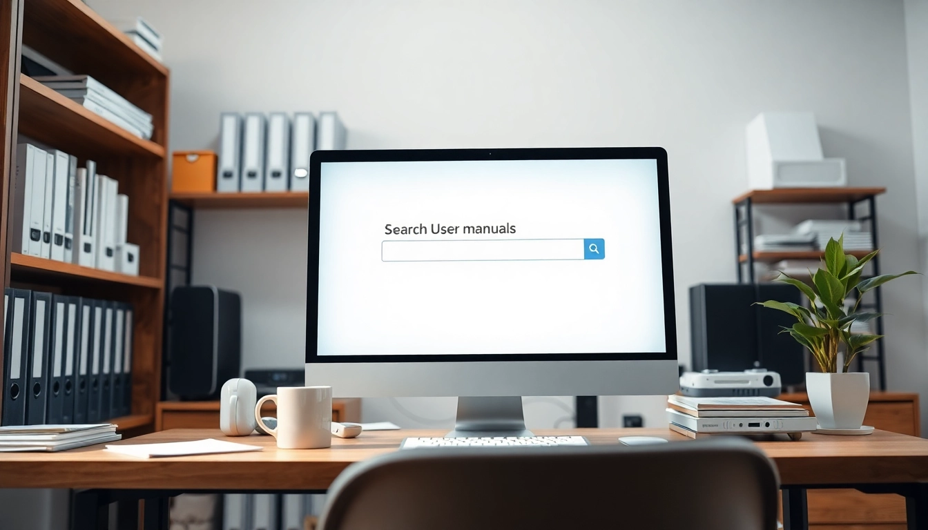 Search for user manuals on https://manualsfact.com/ in a modern home office setting.