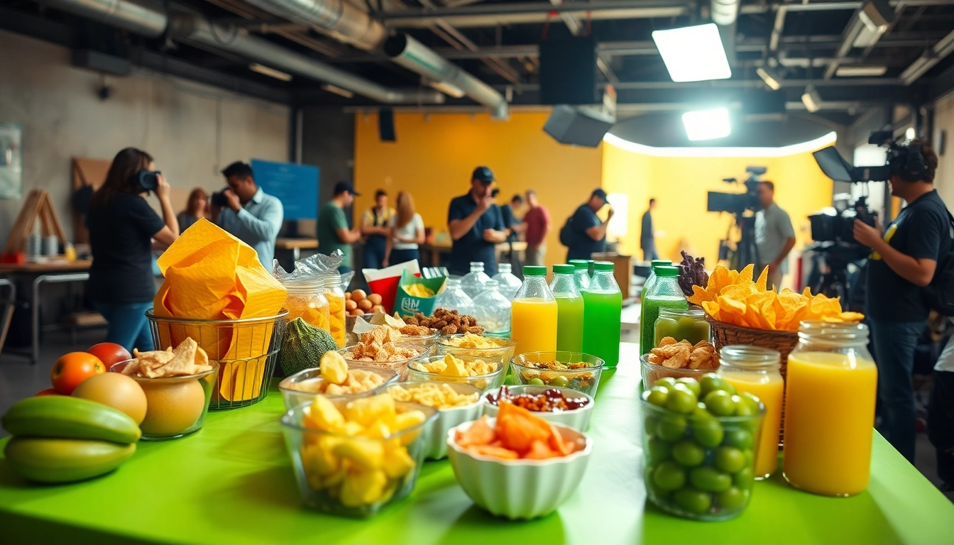 Craft services setup with snacks and drinks for a busy film crew, showcasing a vibrant atmosphere.