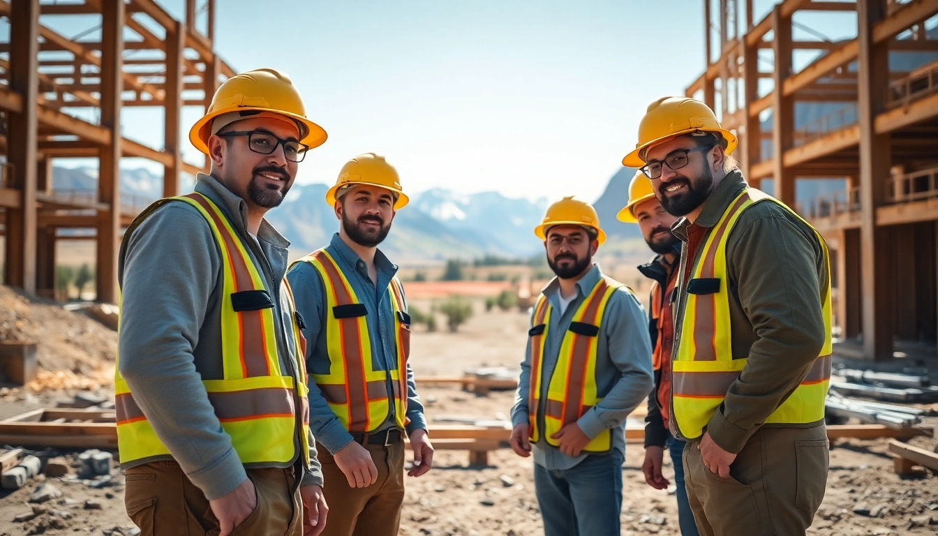 Workers collaborating at a construction association Wyoming site, highlighting teamwork and safety.