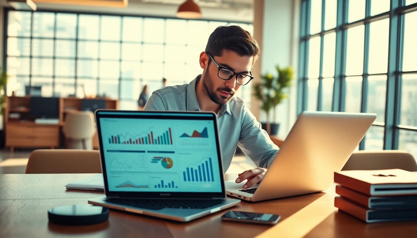 Analyze data and digital marketing trends at http://Avtales.com in a modern office setting.
