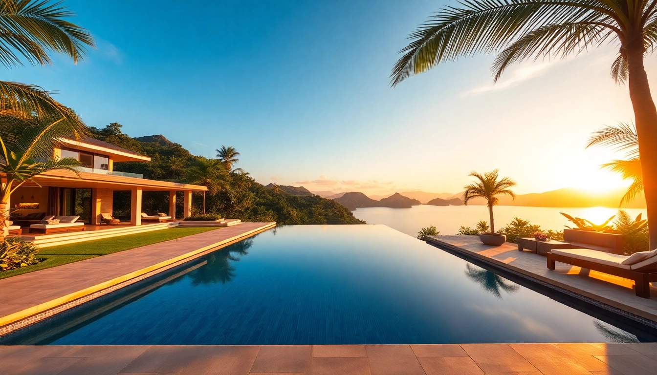 Showcasing villa sales, a luxurious villa with a pool set against a tropical backdrop.