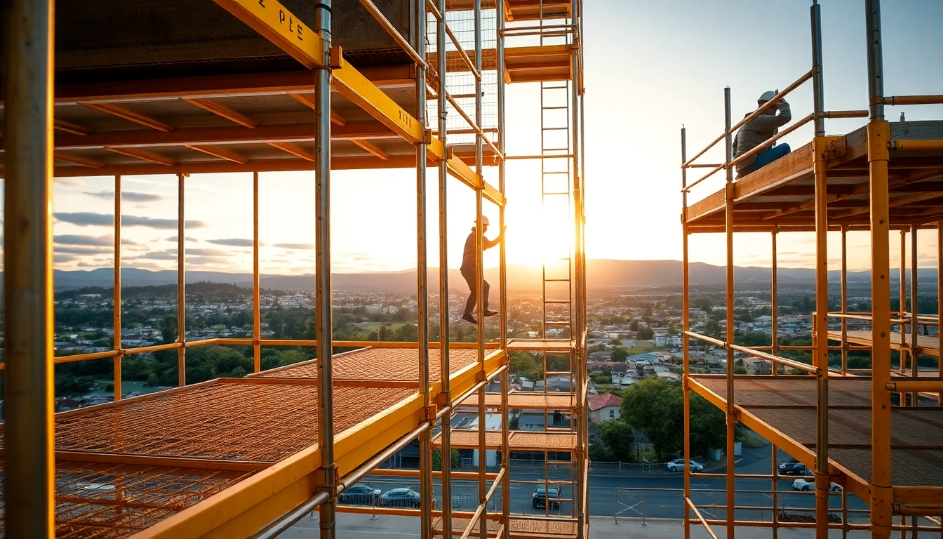 Workers operating Whangarei scaffolding on a busy construction site under a golden sunset.