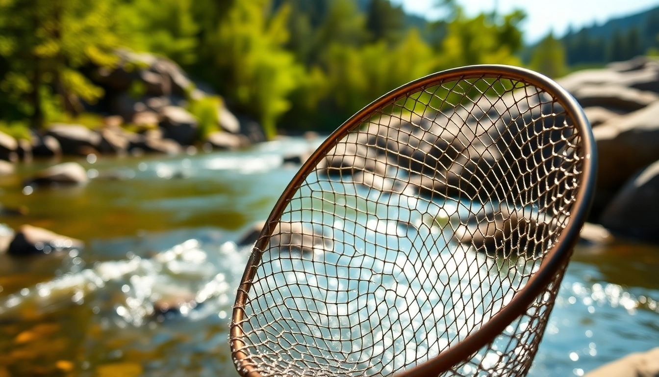 Catch impressive fish with a premium fly fishing net beautifully positioned by a tranquil river.