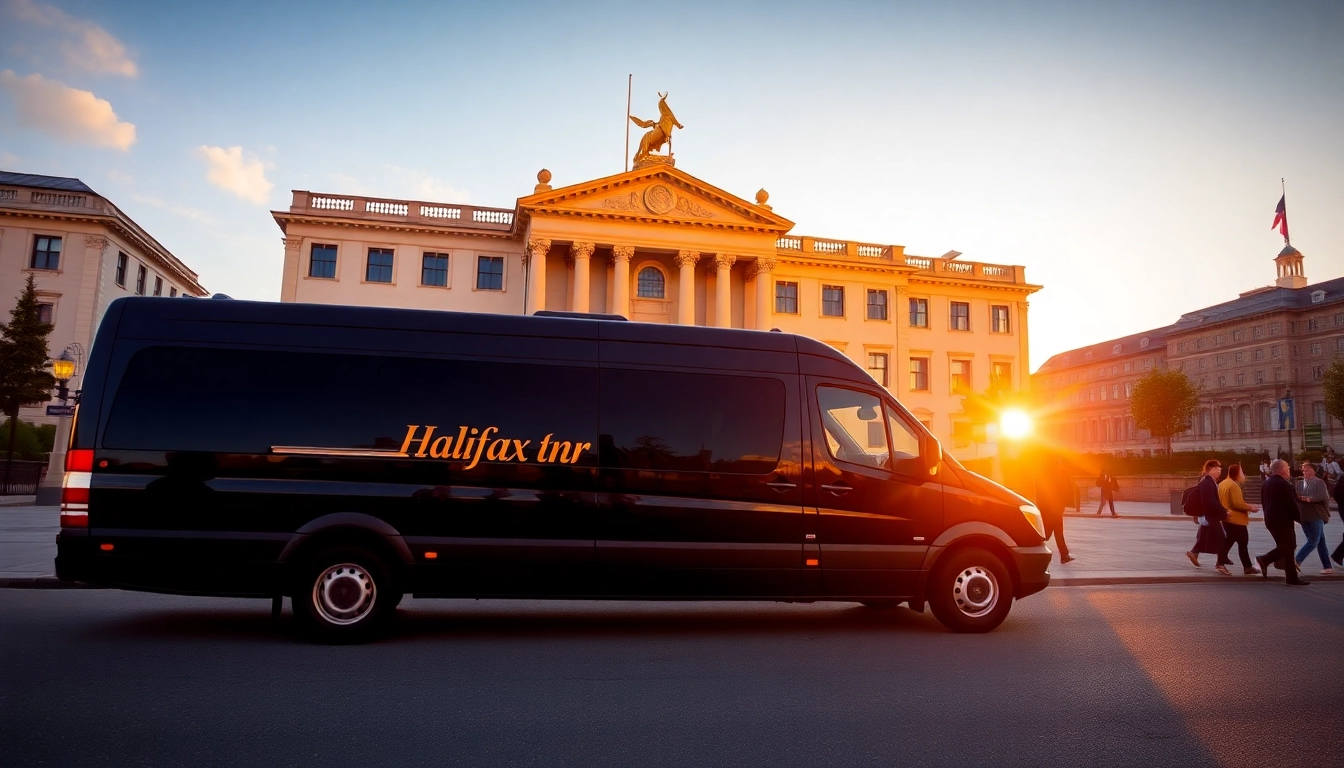 Halifax airport transfers featuring a modern minibus at sunset in Halifax, emphasizing comfort and reliability.