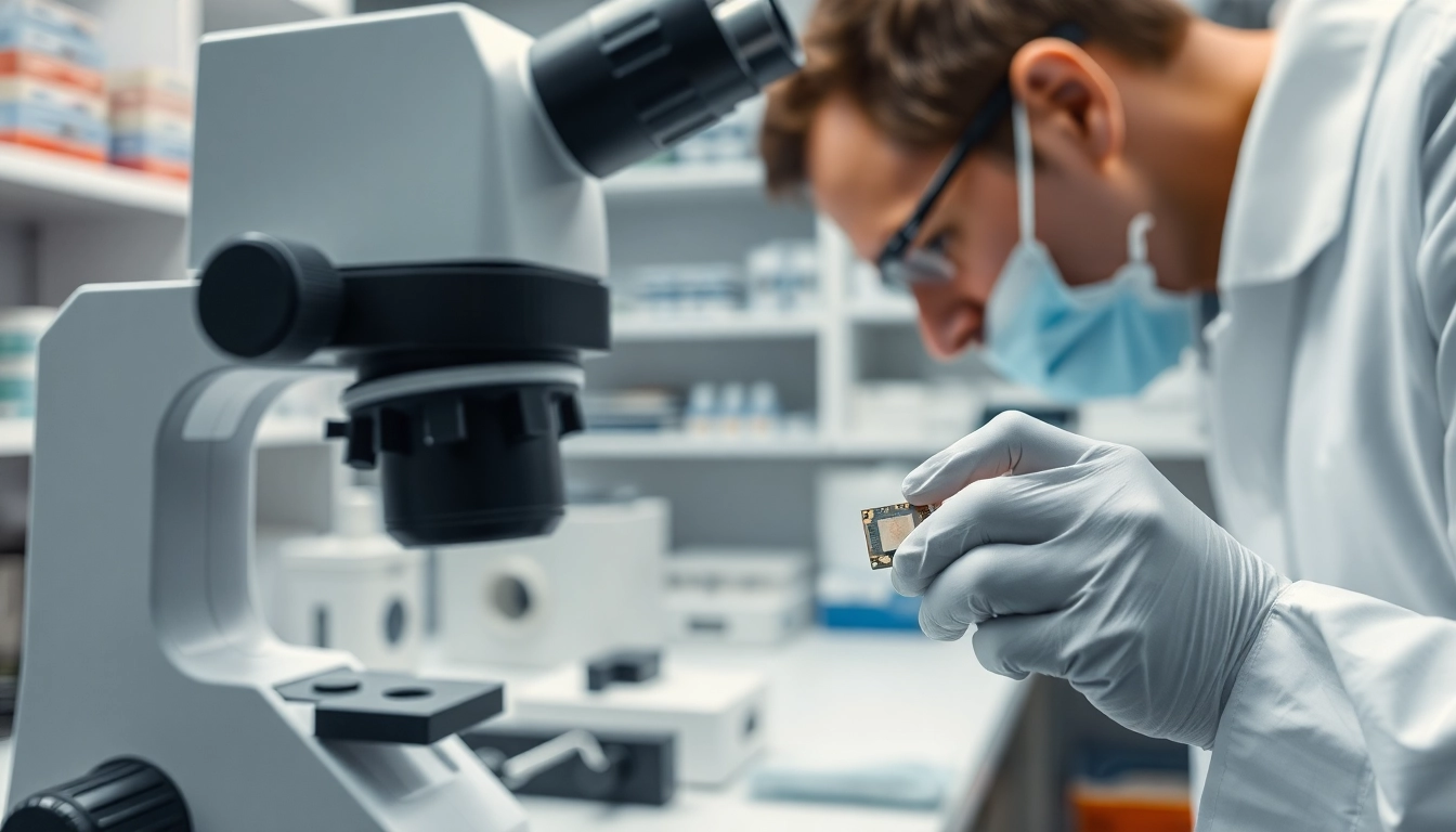 Technician performing mechanical cross section on a semiconductor die in a professional lab setting.