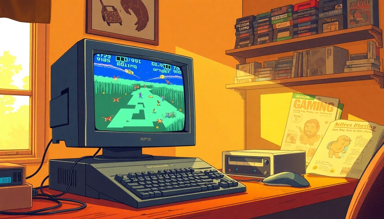 Engaging scene showing users play dos games on an old computer setup with nostalgic elements.