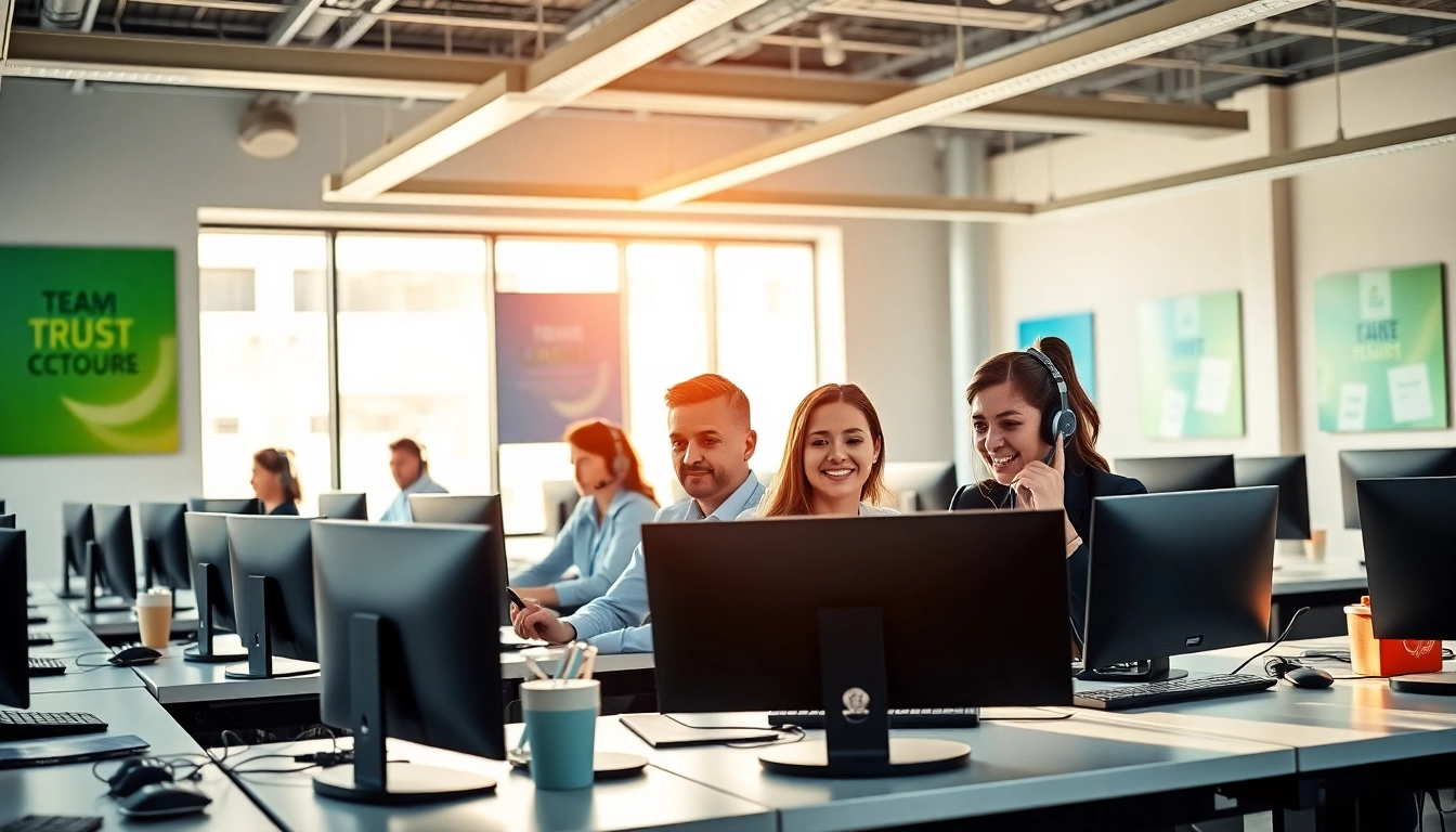 Callzent agents providing customer service in a vibrant and professional office setting.
