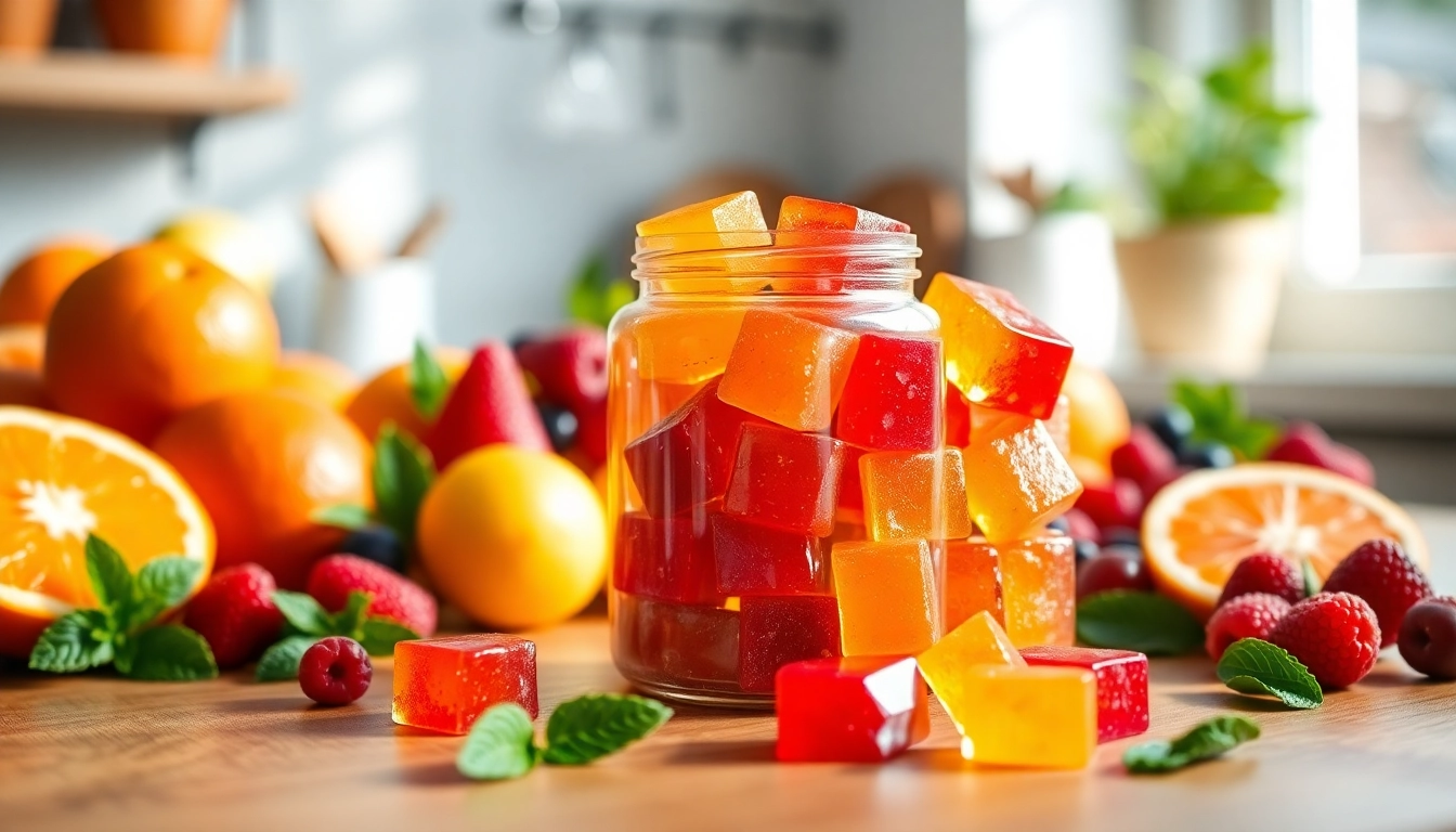 Enjoying Collagen pectin gummies in a vibrant kitchen setting with fresh fruits.