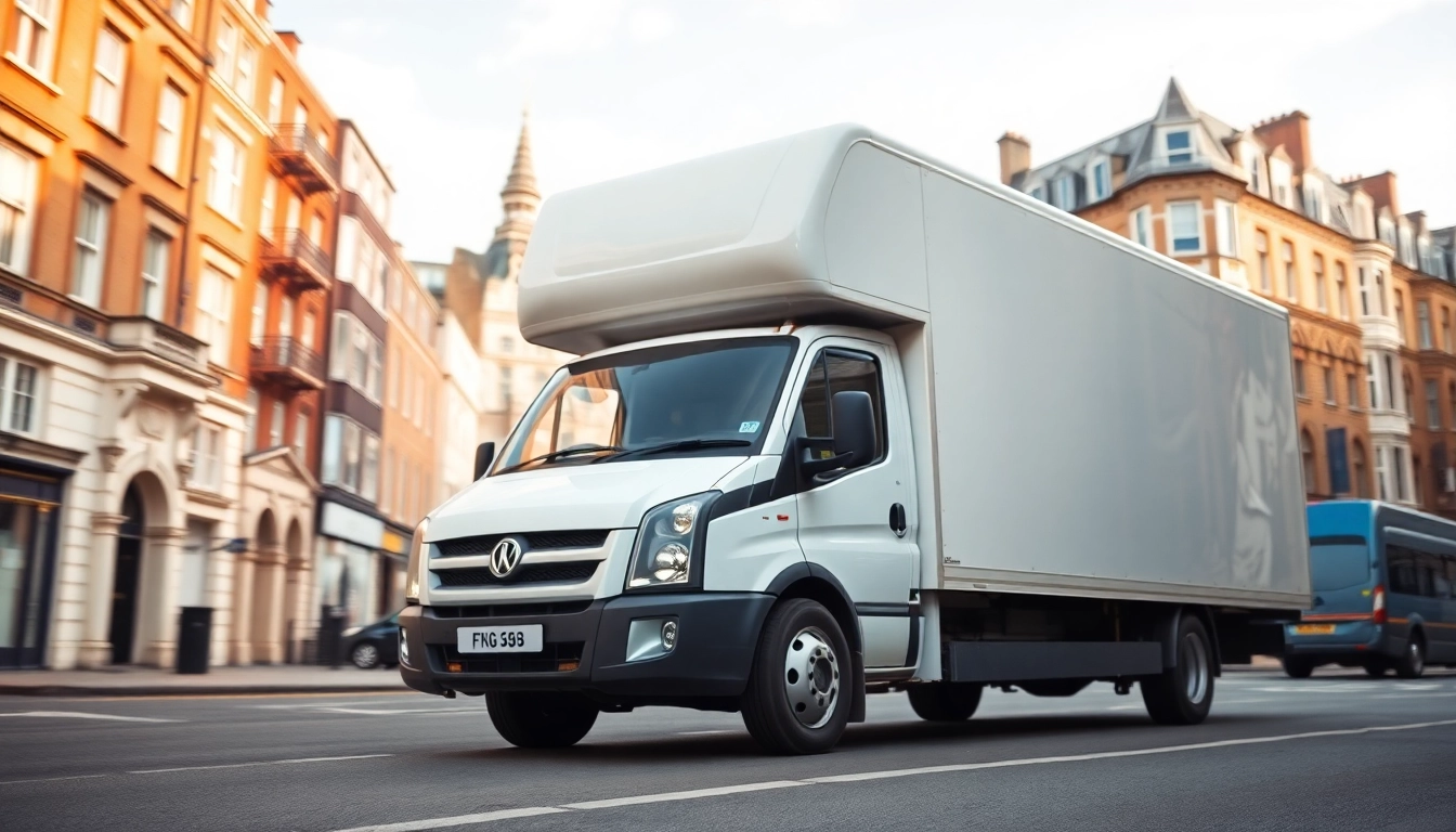 Efficient east London removals truck surrounded by iconic London architecture, representing reliable relocation services.