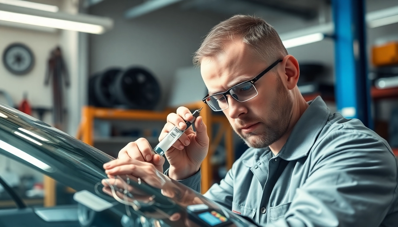Technician applying resin during Windshield Repair in a professional workshop environment.