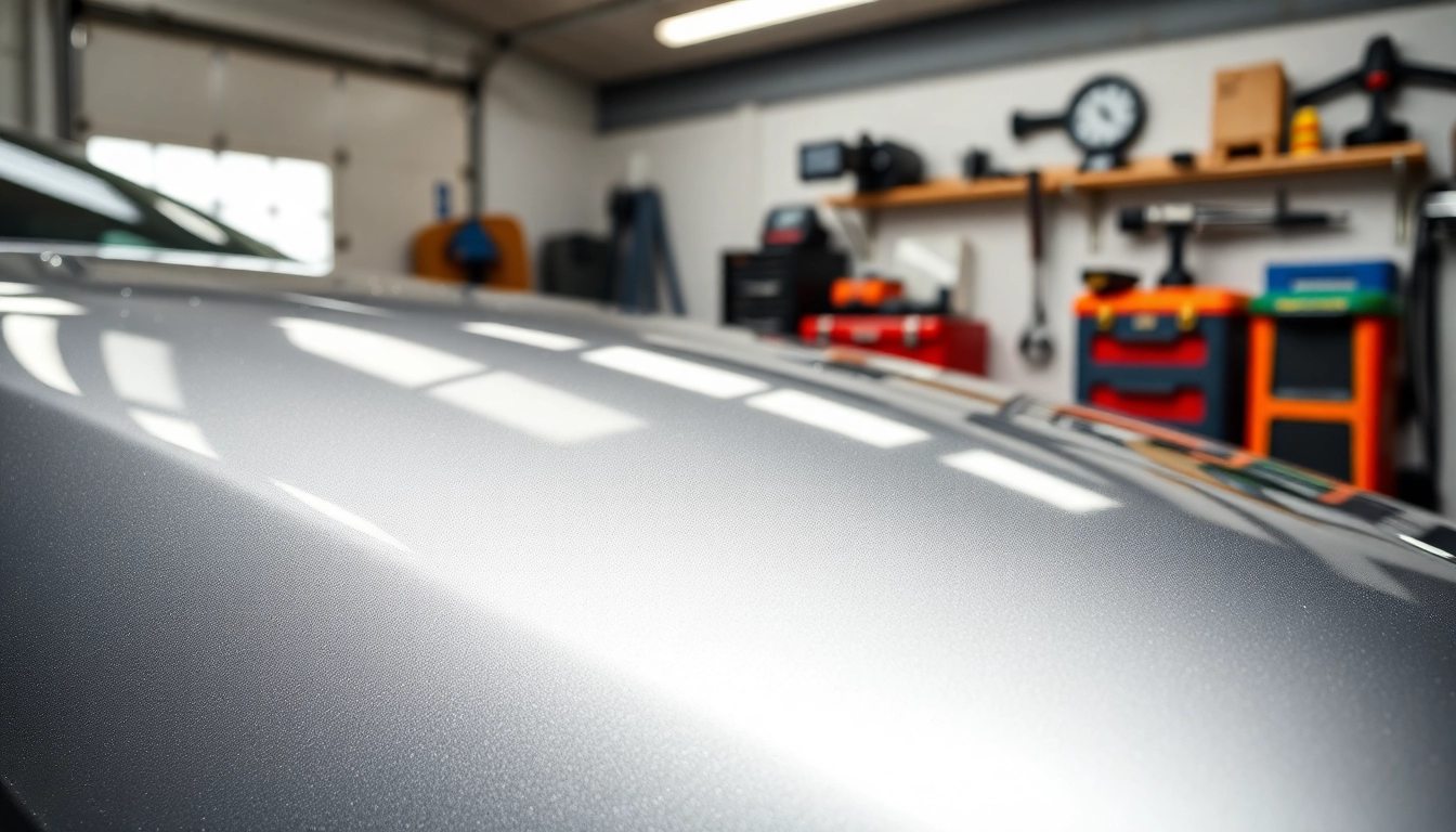 Detailing Liquid Metal Tungsten Steel Paint shines on a modern vehicle in a bright garage setting.