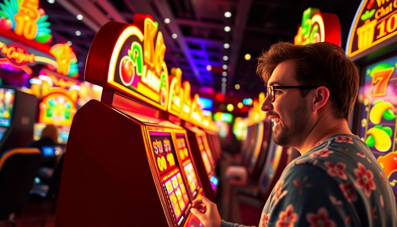 Mainkan laku77 slot dengan mesin slot berwarna-warni yang mencolok dan suasana kasino yang meriah.