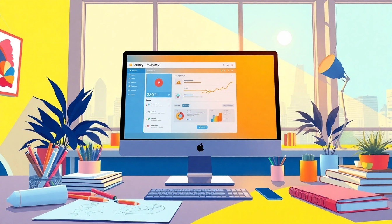 Showcase the midjourney api interface in a modern creative workspace with vibrant lighting.