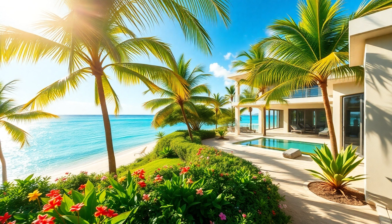 Stunning beachfront Belize Property For Sale showcasing tropical landscaping and Caribbean views.