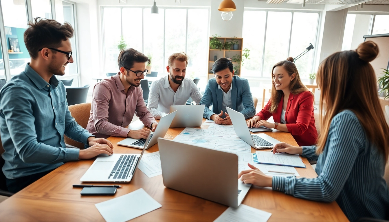 Web development team collaborating in a modern office, showcasing creativity and innovation