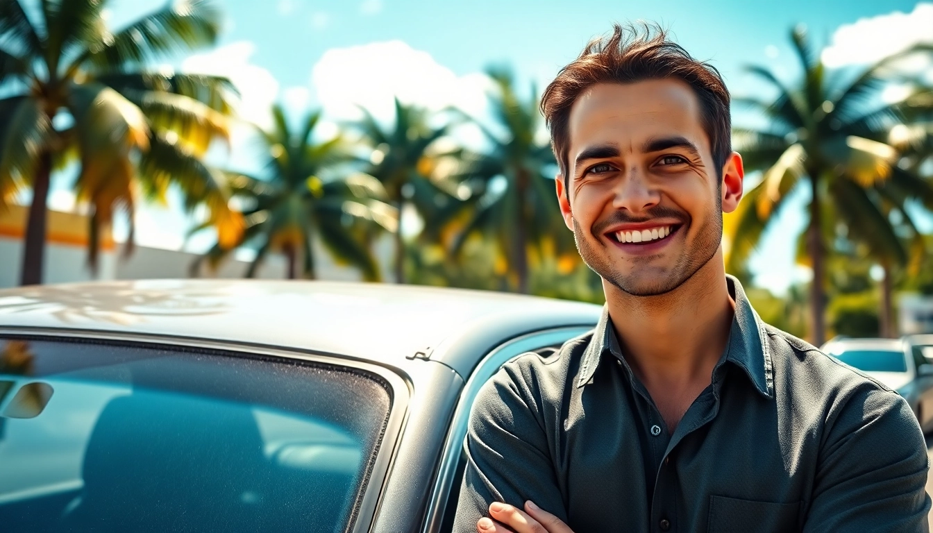 Cash for cars miami with a friendly buyer next to an old sedan under palm trees.