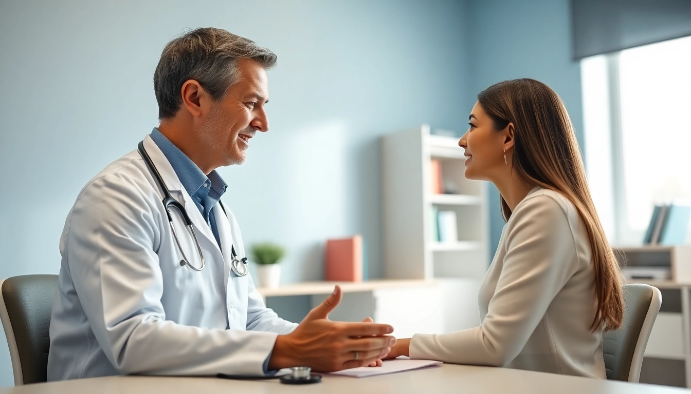 Engaging primary care physician las vegas discussing health concerns with a patient in a modern office.
